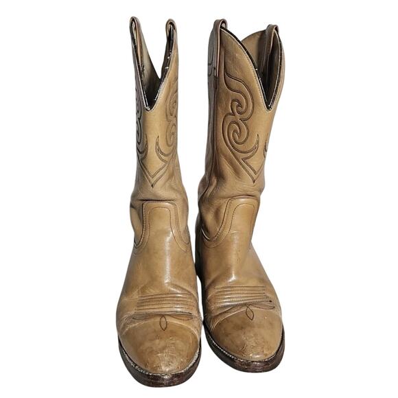 Mens Vintage Dingo Tan Leather Cowboy Boots Wood Heel Sz 9.5 D Western Rugged main image 9